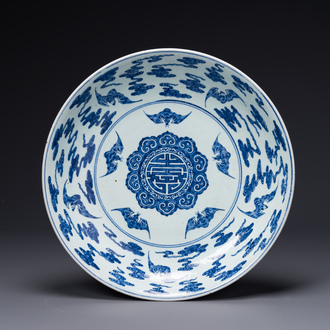 A large Chinese blue and white 'bats and longevity' dish, 19th C.