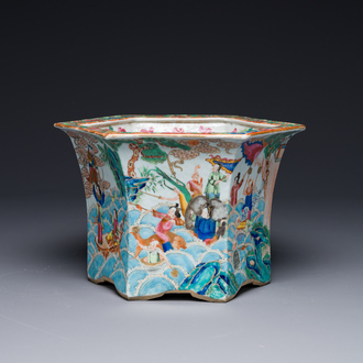 A very fine hexagonal Chinese Canton famille rose jardiniere, 19th C.