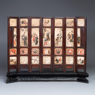 A Chinese seven-fold wooden table screen with painted marble plaques, 19th C.