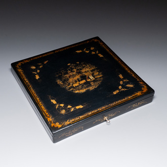 A rare Chinese Canton gilt black lacquer presentation box, 19th C.