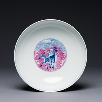 A Chinese blue, white and puce-enamelled 'Eight Immortals' bowl, Guangxu mark and of the period