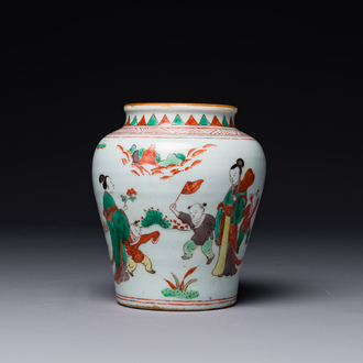 A small Chinese wucai jar with figures in a landscape, Transitional period