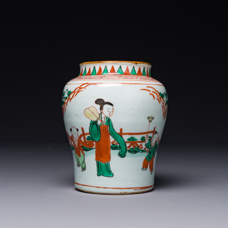A small Chinese wucai jar with figures in a landscape, Transitional period