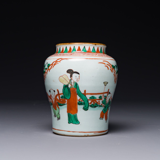 A small Chinese wucai jar with figures in a landscape, Transitional period