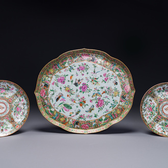 A pair of Chinese Canton famille rose monogrammed plates and a large '100 butterflies' tray, 19th C.