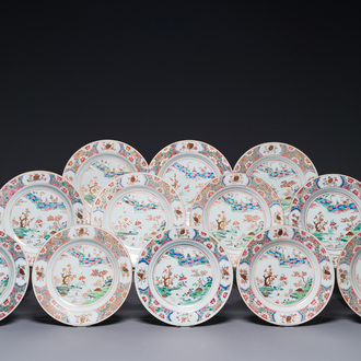 Twelve Chinese famille rose plates with landscape design, Qianlong