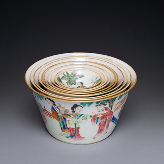 A rare set of ten Chinese famille rose 'erotic' nesting bowls, Daoguang mark and of the period