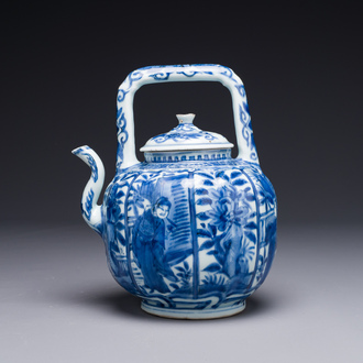 A Chinese blue and white wine ewer and cover with figural design, Wanli