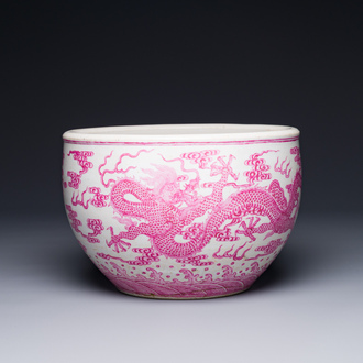 A small Chinese puce-enamelled 'dragon' fish bowl, 19/20th C.