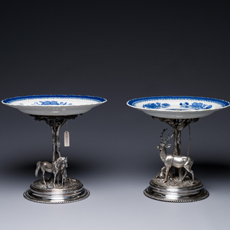 A pair of Chinese blue and white plates with silver-plated 'Alpaca Berndorf' mounts, Jiaqing