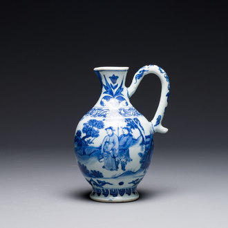 A Chinese blue and white ewer with figures in a landscape, Transitional period