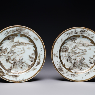 A pair of Chinese grisaille plates depicting the Whampoa Pagoda and the Pearl River, Yongzheng