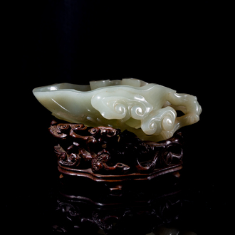 A Chinese celadon jade brush washer on wooden stand, 19/20th C.