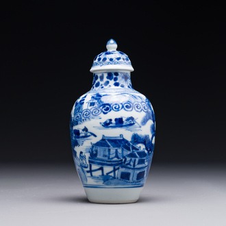 Vase couvert en porcelaine de Chine bleu et blanc à décor de pêcheurs dans un paysage fluvial, marque de jade, Kangxi