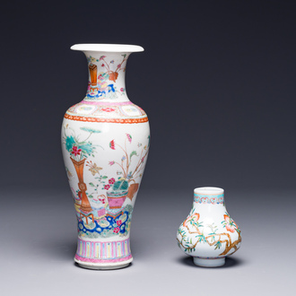 A small Chinese famille rose 'nine peaches' vase and an 'antiquities' vase, 19th C.