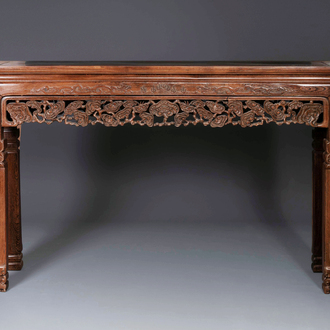 A large Chinese jichimu wooden 'tiaoan' with lingzhi and chilong design, 19/20th C.
