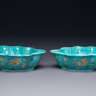 A pair of Chinese turquoise-ground famille rose leaf-shaped bowls with butterfly design, Jiaqing mark and of the period