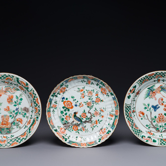 Three Chinese famille verte 'phoenix and peony' plates, Kangxi