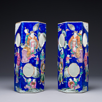 A pair of unusual Chinese blue-ground famille rose 'Eight Immortals' hat stands, Tongzhi mark and of the period.