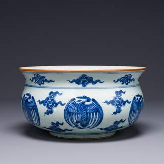 Brûle-parfum en porcelaine de Chine en bleu et blanc à décor de grues, 19ème