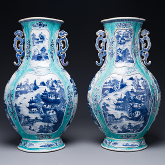 A pair of Chinese turquoise-ground blue and white vases depicting the Whampoa Pagoda and the Pearl River, Qianlong