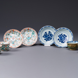 Two pairs of Chinese famille verte cups and saucers, Kangxi