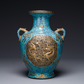 A Chinese robin's egg and faux bronze-glazed 'hu' vase, Qianlong mark, 19th C.