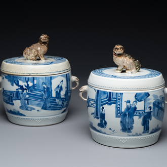 A pair of Chinese blue and white drum-shaped jars and cover, Jiajing mark, Kangxi