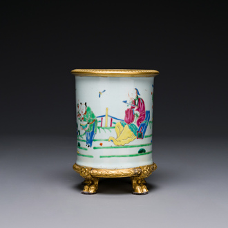 A Chinese famille rose 'Tao Yuanming 陶淵明' brush pot with gilt bronze mounts, Yongzheng