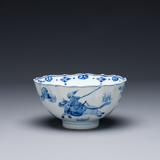 Bol en porcelaine de Chine en bleu et blanc à décor de la chasse mongole, marque de Chenghua, Kangxi