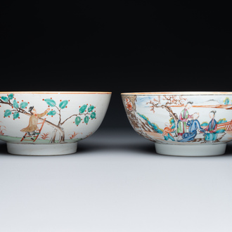 Un bol en porcelaine de Chine surdécoré aux Pays-Bas et un bol famille rose de Canton à décor mandarin, Qianlong