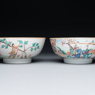 A Dutch-decorated Chinese bowl and a Canton famille rose 'mandarin subject' bowl, Qianlong