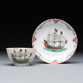 A rare Chinese famille rose 'European merchant ship' cup and saucer, Qianlong