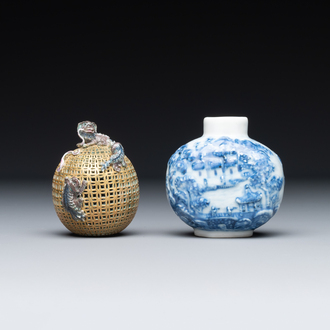 A Chinese blue and white snuff bottle and a famille rose openworked ball, 19th C.