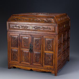 A rare Chinese huanghuali wood 'duo bao ge' cabinet of curiosities with chilong design, 18/19th C.