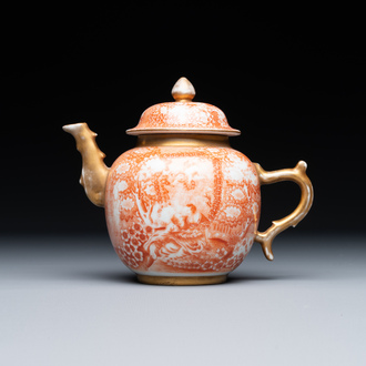 A rare Chinese iron-red-decorated and gilt 'European scene' teapot and cover, Qianlong