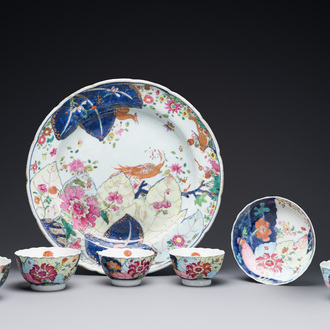 Collection de sept pièces en porcelaine de Chine famille rose à décor de feuilles de tabac, Qianlong