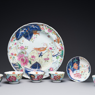 A collection of seven pieces of Chinese famille rose 'tobacco leaf' wares, Qianlong