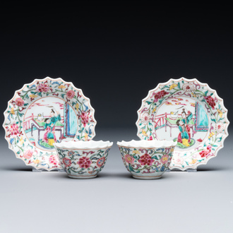 A pair of Chinese famille rose 'Xi Xiang Ji' cups and saucers, Yongzheng