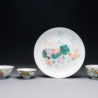 Two Chinese famille rose bowls, a 'Buddhist lion' plate and a 'Wu Shuang Pu' bowl, 19th C.