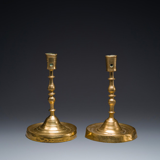 A pair of Flemish or Dutch knotted bronze candlesticks, 16th C.