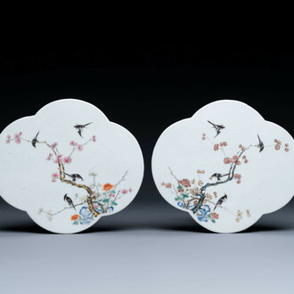 A pair of Chinese famille rose plaques with birds among blossoming branches, 19th C.