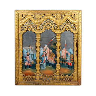 A rare Chinese gilt wood and reverse glass painted mirror, 2nd half 18th C.