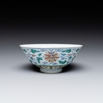 A Chinese doucai 'lotus scroll' bowl, Qianlong mark and of the period