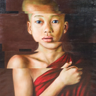 Julia Tann (1992): Portret van Chenrezig, olie op doek, gedat. 2022