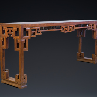 A large Chinese elm wood 'tiaoan' with geometric design, 19/20th C.