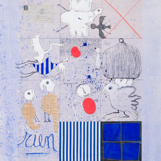 Christian Silvain (1950): 'Rencontres', technique mixte et collage sur papier, plusieurs (41/50), signé et daté 1992