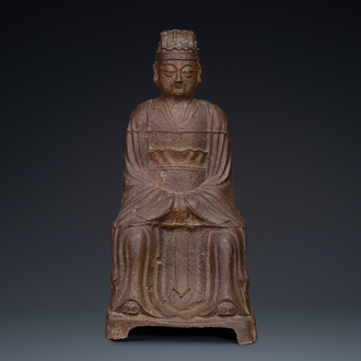 A Chinese cast iron figure of a dignitary, dated 1722