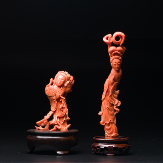 Two Chinese red coral figures of female deities, 19/20th C.