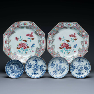 Paire d'assiettes en porcelaine de Chine famille rose, trois bleu et blanc et un bol en porcelaine de type 'kraak', Wanli and Qianlong